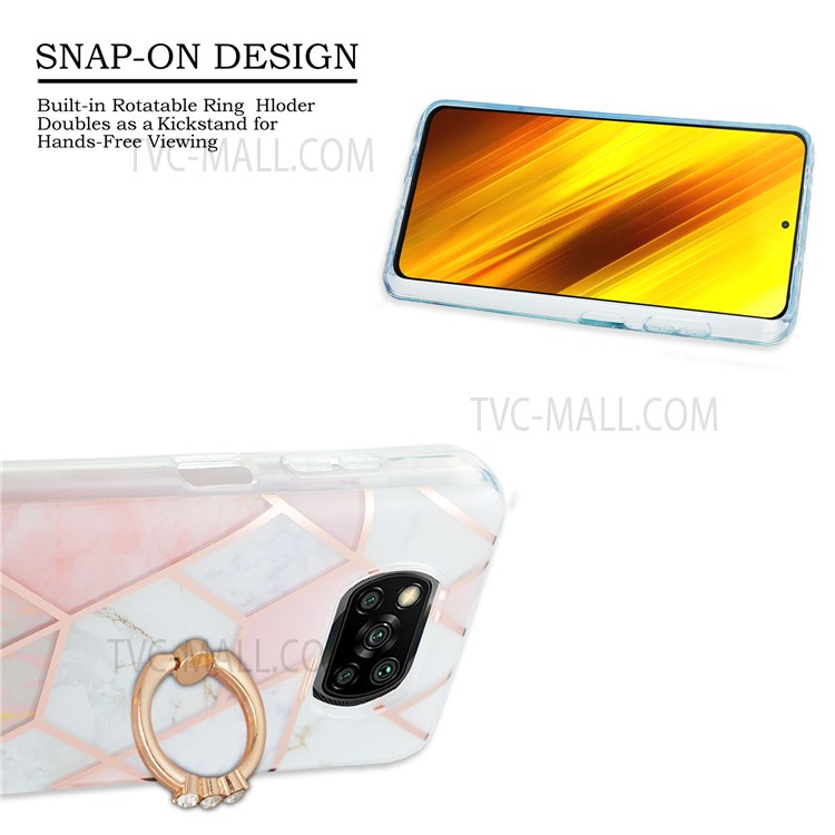 TPU Phone Cover with Rotary Kickstand 2.0mm Electroplating IMD IML Workmanship Marble Pattern Printing Case for Xiaomi Poco X3/X3 Pro/X3 NFC - Pink/White-2