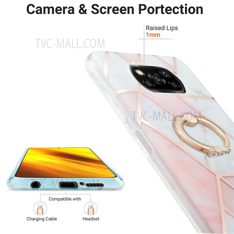 TPU Phone Cover with Rotary Kickstand 2.0mm Electroplating IMD IML Workmanship Marble Pattern Printing Case for Xiaomi Poco X3/X3 Pro/X3 NFC - Pink/White-3