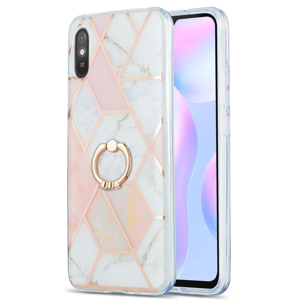 2.0mm TPU Phone Kickstand Cover Anti-Collision IMD IML Marble Pattern Electroplating Case for Xiaomi Redmi 9A - Pink/White-1