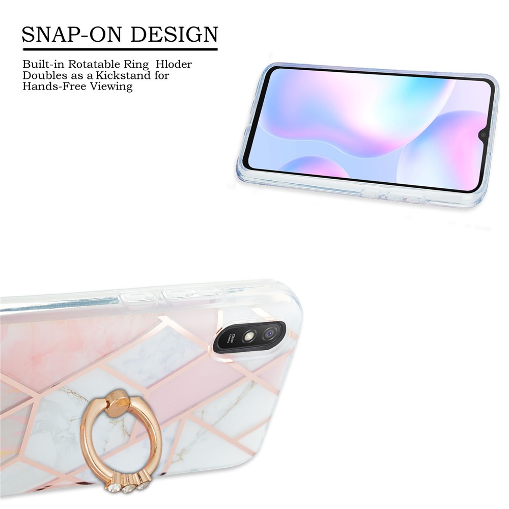 2.0mm TPU Phone Kickstand Cover Anti-Collision IMD IML Marble Pattern Electroplating Case for Xiaomi Redmi 9A - Pink/White-2