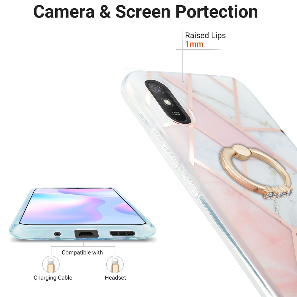 2.0mm TPU Phone Kickstand Cover Anti-Collision IMD IML Marble Pattern Electroplating Case for Xiaomi Redmi 9A - Pink/White-3