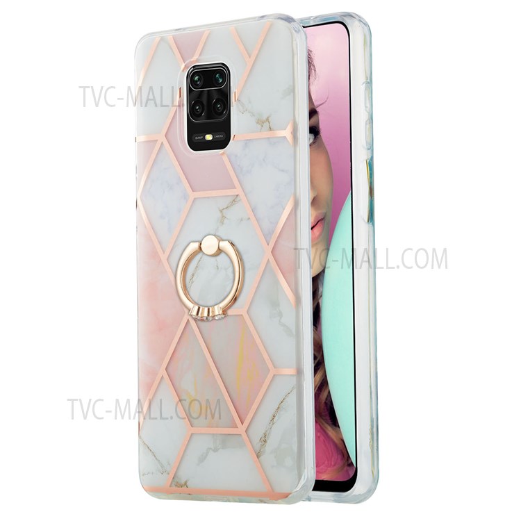 2.0mm TPU Phone Kickstand Cover Non-Yellowing Electroplating IMD IML Marble Pattern Case for Xiaomi Redmi Note 9S/Note 9 Pro/Note 9 Pro Max - Pink/White-1
