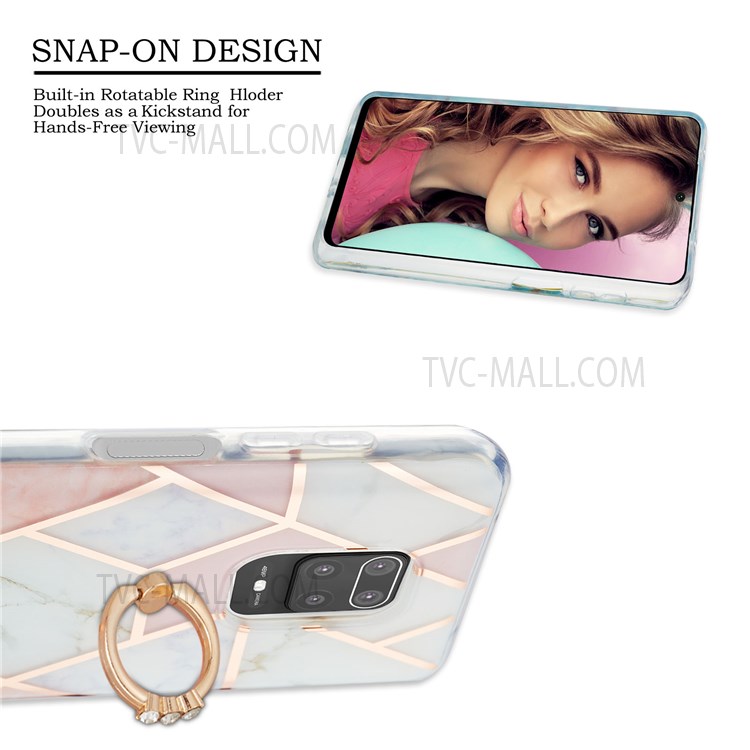 2.0mm TPU Phone Kickstand Cover Non-Yellowing Electroplating IMD IML Marble Pattern Case for Xiaomi Redmi Note 9S/Note 9 Pro/Note 9 Pro Max - Pink/White-3