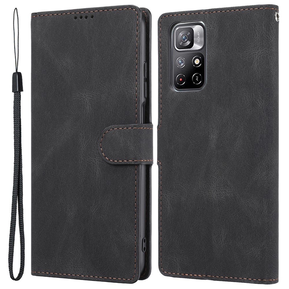 Durable PU Leather Magnetic Flip Case Stand Book Design Wallet Phone Cover with Strap for Xiaomi Redmi Note 11 5G / Poco M4 Pro 5G - Black-1