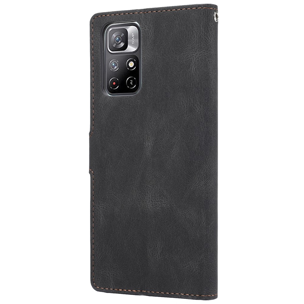 Durable PU Leather Magnetic Flip Case Stand Book Design Wallet Phone Cover with Strap for Xiaomi Redmi Note 11 5G / Poco M4 Pro 5G - Black-3