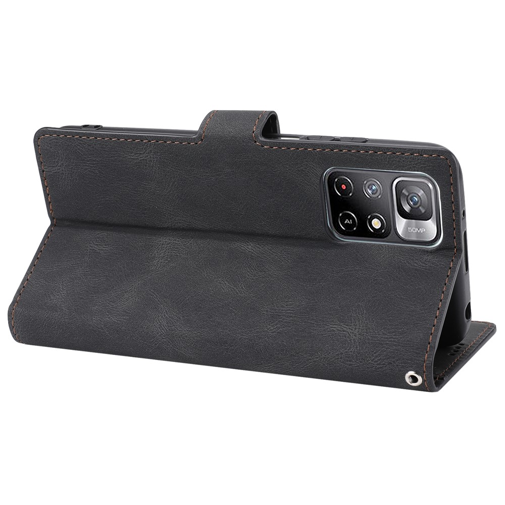 Durable PU Leather Magnetic Flip Case Stand Book Design Wallet Phone Cover with Strap for Xiaomi Redmi Note 11 5G / Poco M4 Pro 5G - Black-4