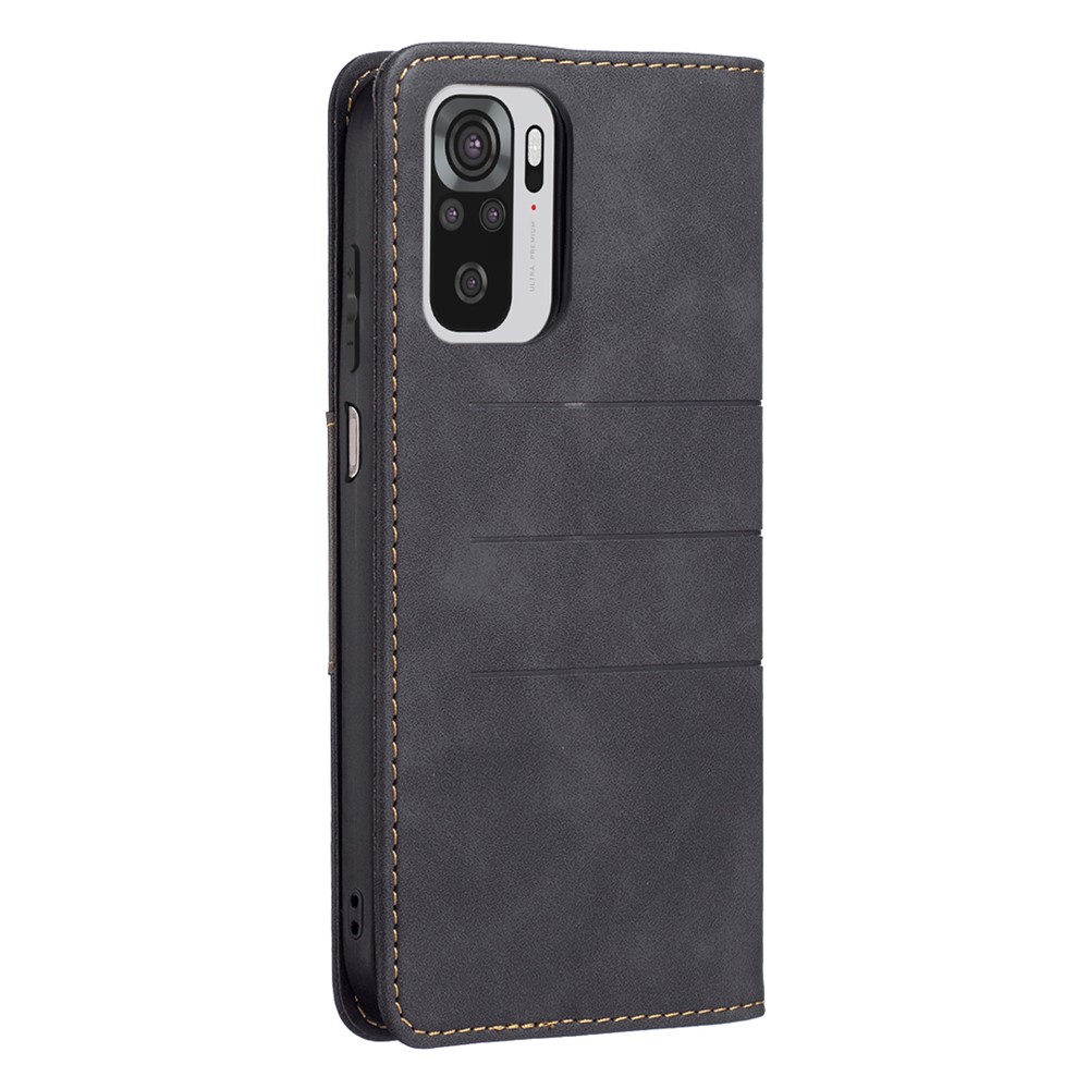 BINFEN COLOR Magnetic Bi-color Flip Phone Covering Shell Wallet Function Stand Design TPU+PU Leather Phone Case for Xiaomi Redmi Note 10 4G / Redmi Note 10S - Black-5