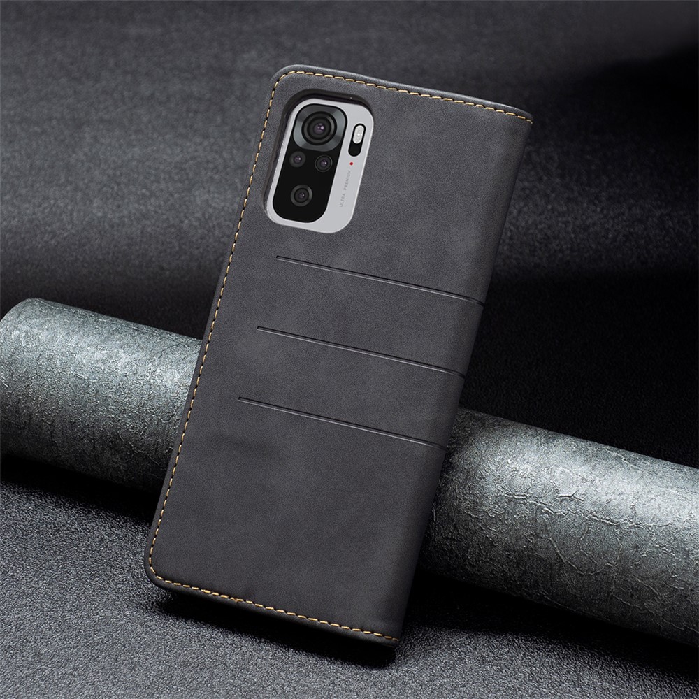 BINFEN COLOR Magnetic Bi-color Flip Phone Covering Shell Wallet Function Stand Design TPU+PU Leather Phone Case for Xiaomi Redmi Note 10 4G / Redmi Note 10S - Black-7