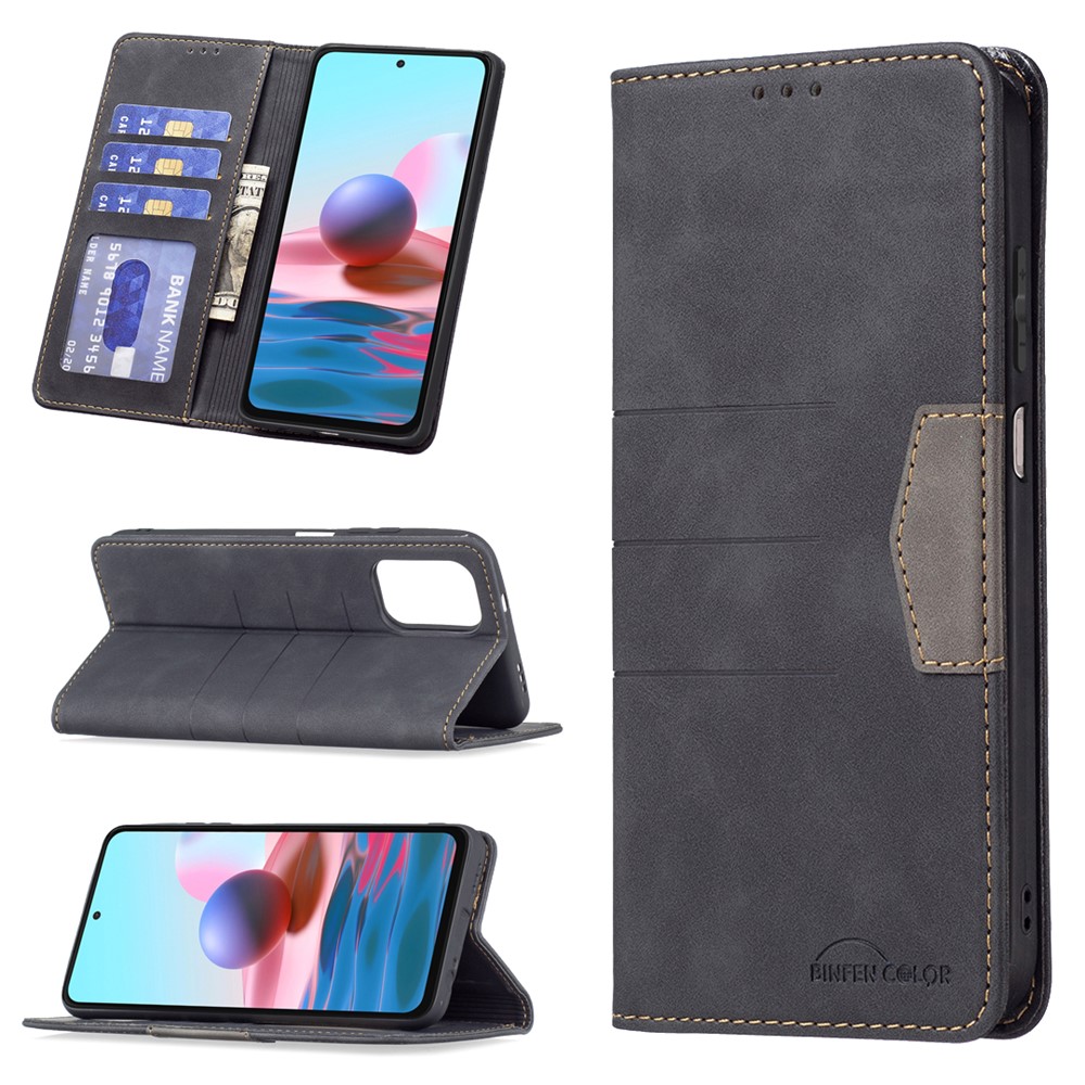BINFEN COLOR Magnetic Bi-color Flip Phone Covering Shell Wallet Function Stand Design TPU+PU Leather Phone Case for Xiaomi Redmi Note 10 4G / Redmi Note 10S - Black-8