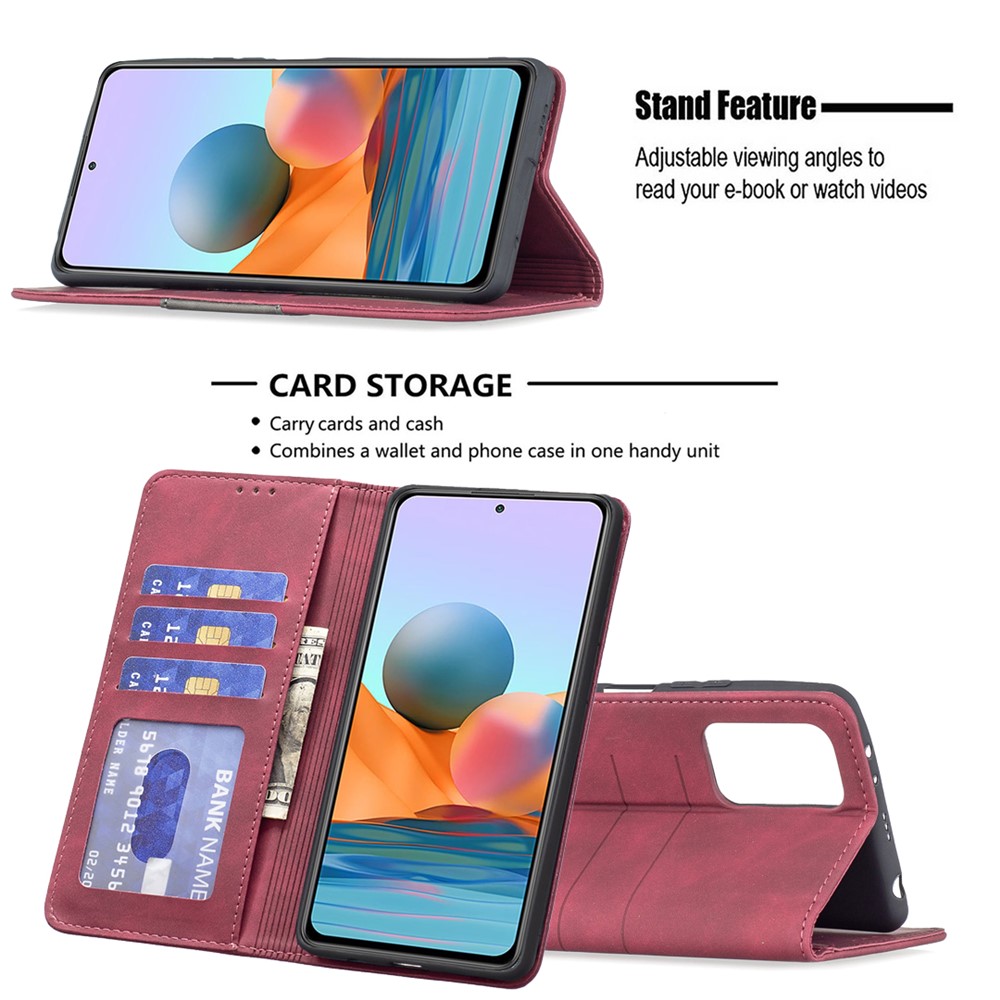 BINFEN COLOR For Xiaomi Redmi Note 10 Pro 4G (Global) / Redmi Note 10 Pro Max Wallet Auto-absorbed Flip Phone Case Stand Design TPU+PU Leather Phone Covering - Red-2