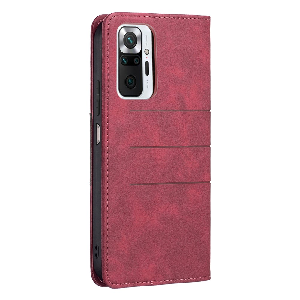 BINFEN COLOR For Xiaomi Redmi Note 10 Pro 4G (Global) / Redmi Note 10 Pro Max Wallet Auto-absorbed Flip Phone Case Stand Design TPU+PU Leather Phone Covering - Red-5
