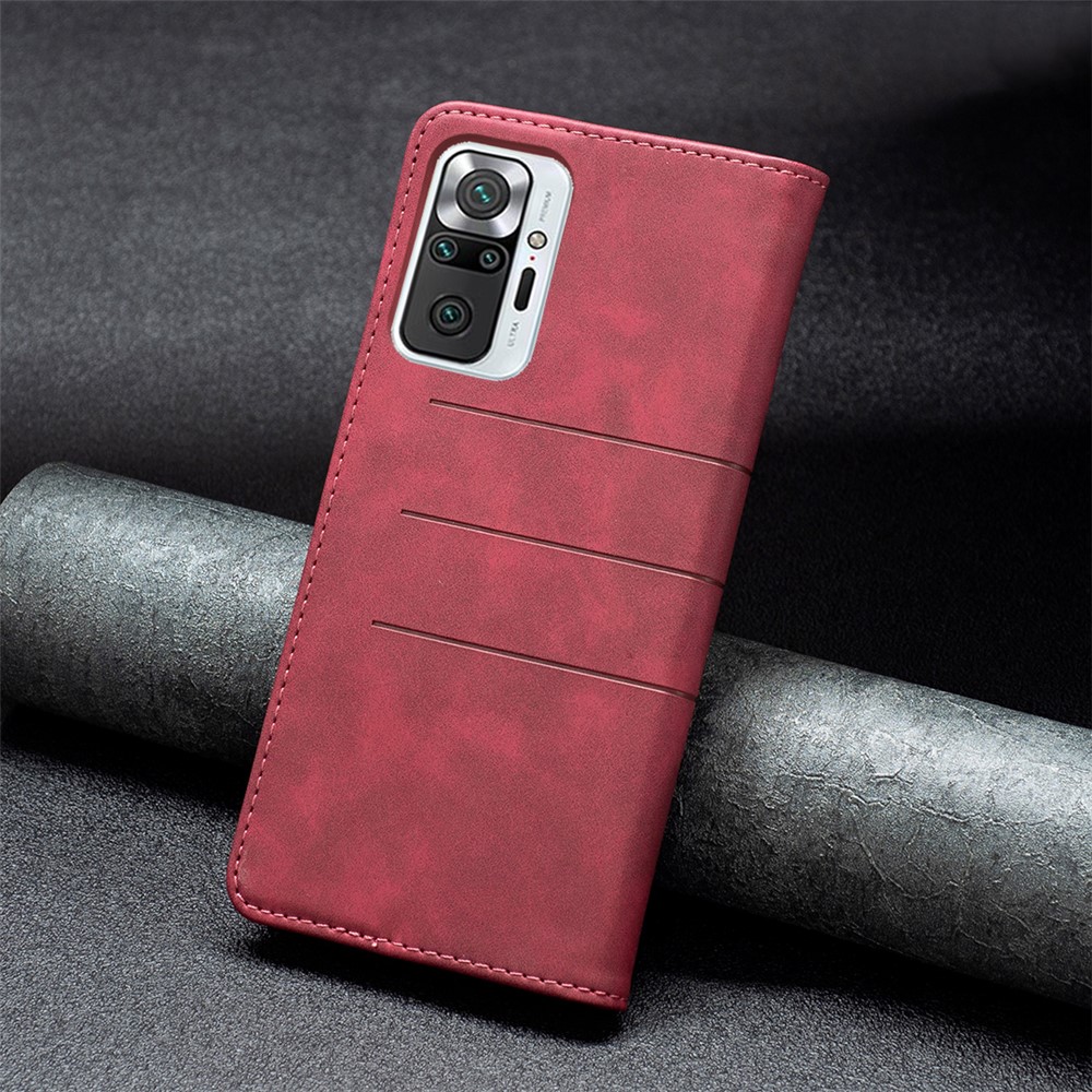 BINFEN COLOR For Xiaomi Redmi Note 10 Pro 4G (Global) / Redmi Note 10 Pro Max Wallet Auto-absorbed Flip Phone Case Stand Design TPU+PU Leather Phone Covering - Red-7