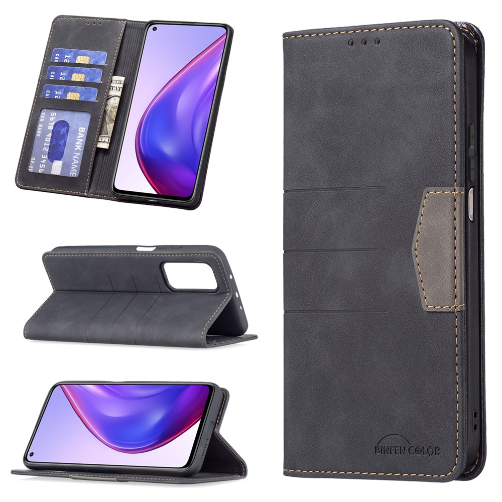 BINFEN COLOR Fashionable Magnetic Bi-color Flip Phone Covering Shell Wallet Function Stand Design Leather Phone Case for Xiaomi Mi 10T Pro 5G / Mi 10T 5G / Redmi K30S - Black-8