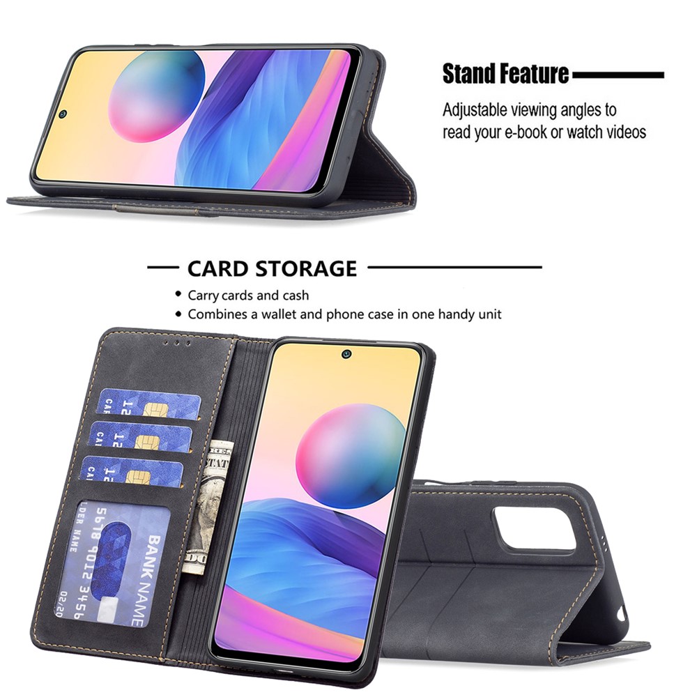 BINFEN COLOR BF10 Color Splicing PU Leather + TPU Stand Wallet Phone Case Shell with Magnetic Auto Closure for Xiaomi Poco M3 Pro 4G/5G/Redmi Note 10 5G/Redmi Note 10T 5G - Black-4