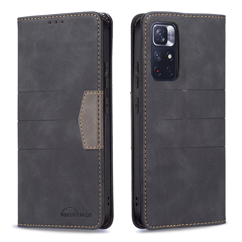 BINFEN COLOR BF10 Color Splicing Auto-absorbed Magnetic Leather Case Stand Wallet Phone Cover for Xiaomi Redmi Note 11 5G/Redmi Note 11T 5G/Poco M4 Pro 5G - Black-1