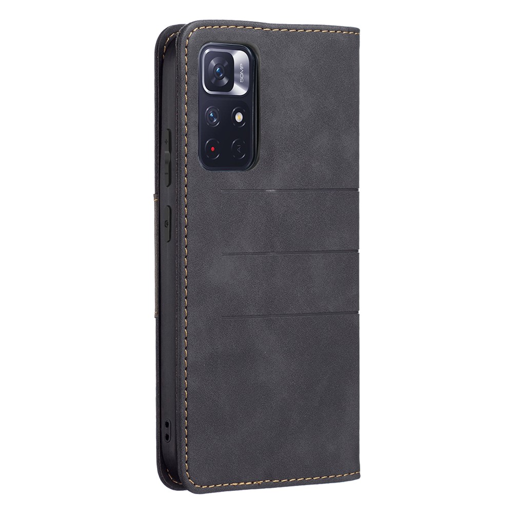 BINFEN COLOR BF10 Color Splicing Auto-absorbed Magnetic Leather Case Stand Wallet Phone Cover for Xiaomi Redmi Note 11 5G/Redmi Note 11T 5G/Poco M4 Pro 5G - Black-3