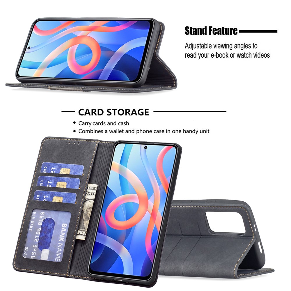 BINFEN COLOR BF10 Color Splicing Auto-absorbed Magnetic Leather Case Stand Wallet Phone Cover for Xiaomi Redmi Note 11 5G/Redmi Note 11T 5G/Poco M4 Pro 5G - Black-4