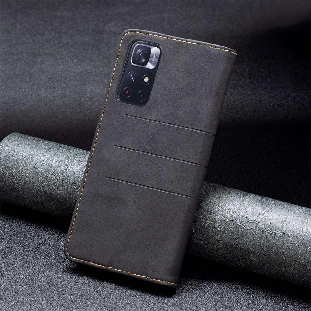 BINFEN COLOR BF10 Color Splicing Auto-absorbed Magnetic Leather Case Stand Wallet Phone Cover for Xiaomi Redmi Note 11 5G/Redmi Note 11T 5G/Poco M4 Pro 5G - Black-7