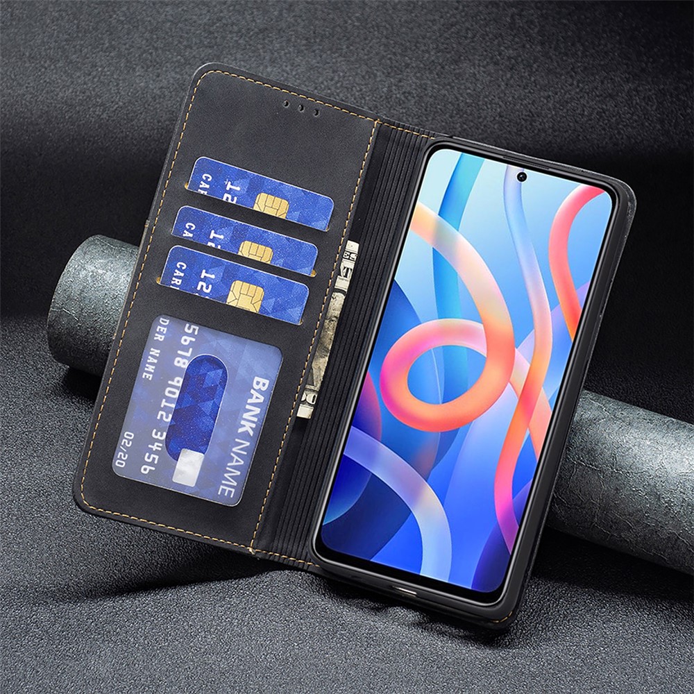 BINFEN COLOR BF10 Color Splicing Auto-absorbed Magnetic Leather Case Stand Wallet Phone Cover for Xiaomi Redmi Note 11 5G/Redmi Note 11T 5G/Poco M4 Pro 5G - Black-8