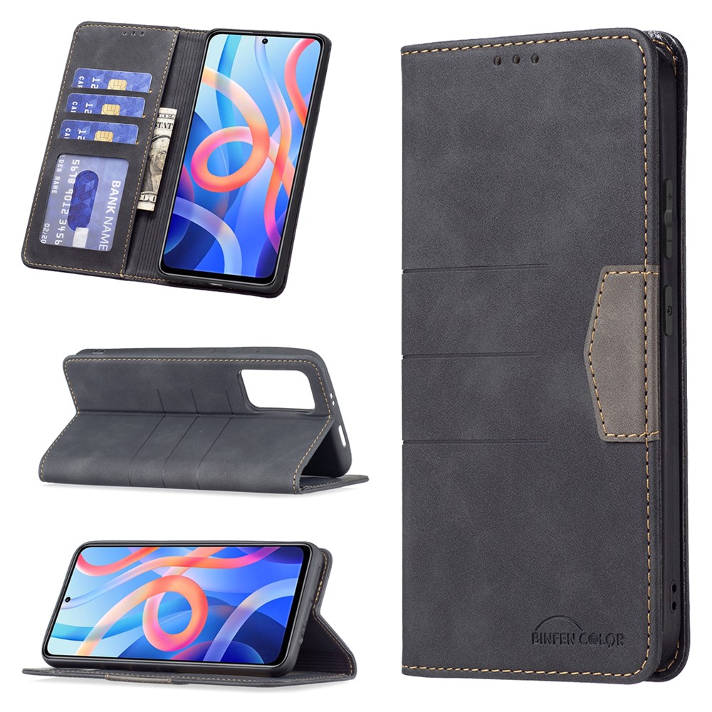 BINFEN COLOR BF10 Color Splicing Auto-absorbed Magnetic Leather Case Stand Wallet Phone Cover for Xiaomi Redmi Note 11 5G/Redmi Note 11T 5G/Poco M4 Pro 5G - Black-9