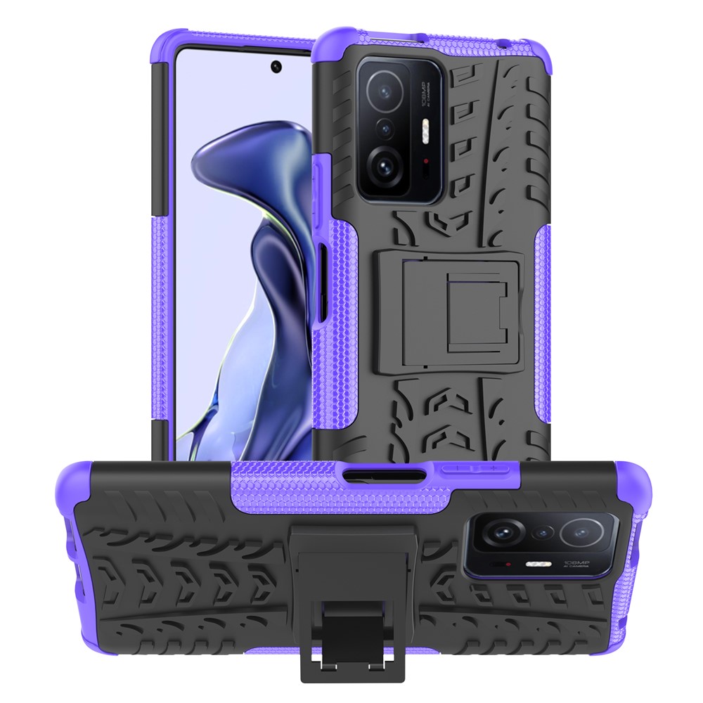 Protección de Caída de Textura de Neumáticos Frías TPU Soft TPU + Hard PC Case de Teléfono Híbrido Para Xiaomi 11T/11T Pro - Violeta