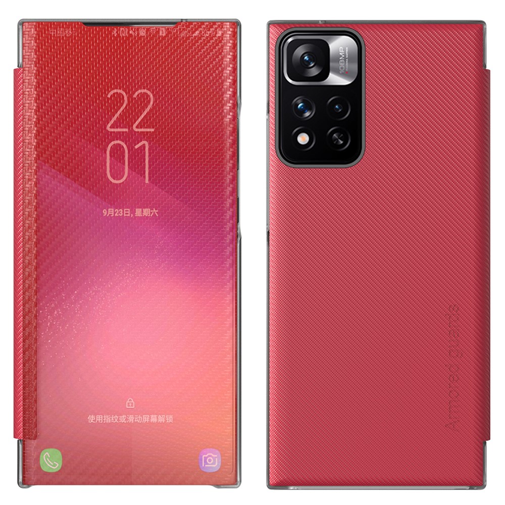 Carbon Fiber Texture Kickstand Hard PC Phone Cover with Translucent Message Checking Function for Xiaomi Redmi Note 11 Pro/Note 11 Pro+ - Red-2