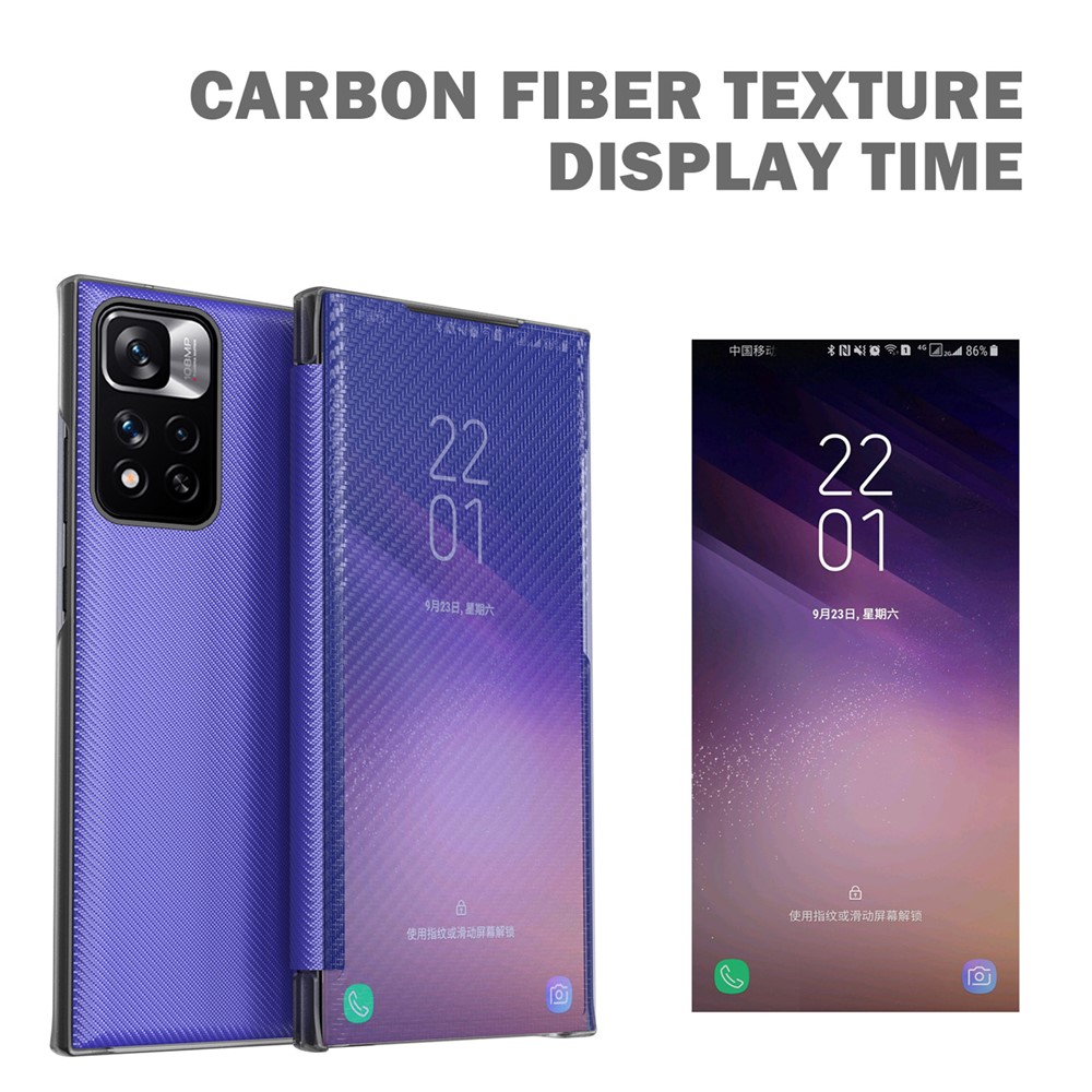 Carbon Fiber Texture Kickstand Hard PC Phone Cover with Translucent Message Checking Function for Xiaomi Redmi Note 11 Pro/Note 11 Pro+ - Red-4