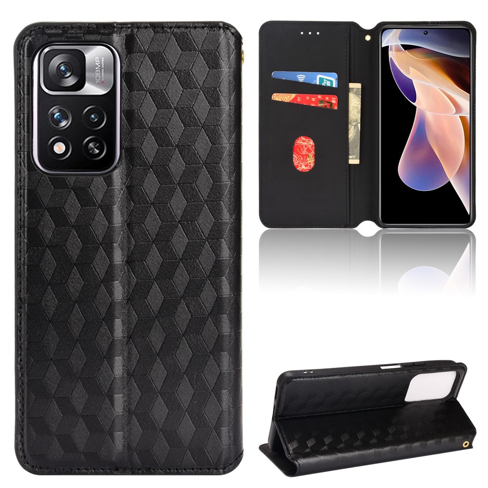 3D Rhombus Pattern Imprinted PU Leather Cover Stand Wallet Auto Closing Magnet Phone Case for Xiaomi Redmi Note 11 Pro 5G/Note 11 Pro+ 5G - Black-8