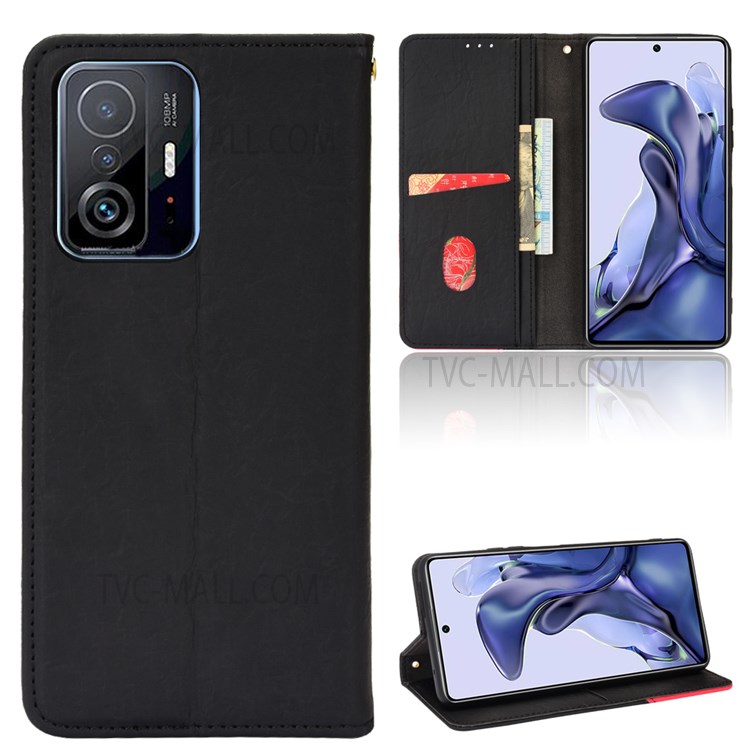 Color Splicing PU Leather + TPU Stand Wallet Protective Phone Case Cover for Xiaomi 11T/11T Pro - Black-9