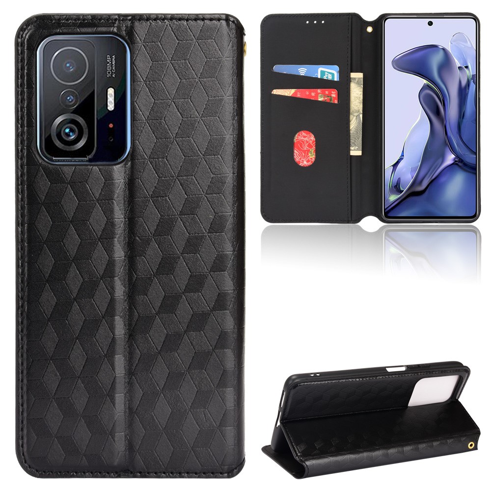 Magnetic Auto-absorbed Imprinting 3D Rhombus Pattern Stand Wallet Leather Phone Case Cover for Xiaomi 11T/11T Pro - Black-8