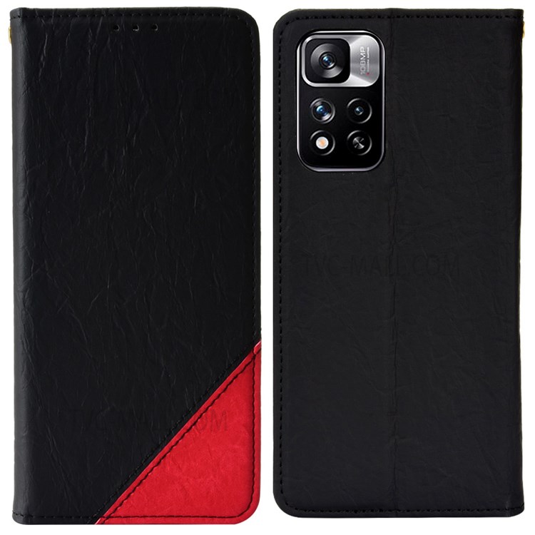 Magnetic Auto-absorbed Bi-color Splicing Stand Wallet Leather Case Phone Cover for Xiaomi Redmi Note 11 5G/Poco M4 Pro 5G - Black-1