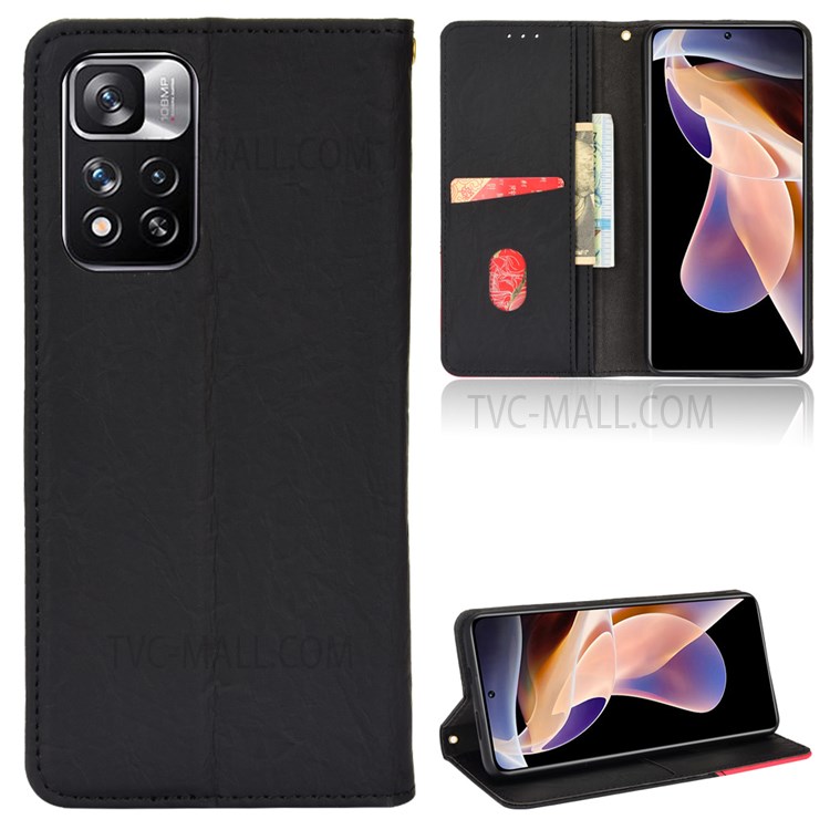 Magnetic Auto-absorbed Bi-color Splicing Stand Wallet Leather Case Phone Cover for Xiaomi Redmi Note 11 5G/Poco M4 Pro 5G - Black-9