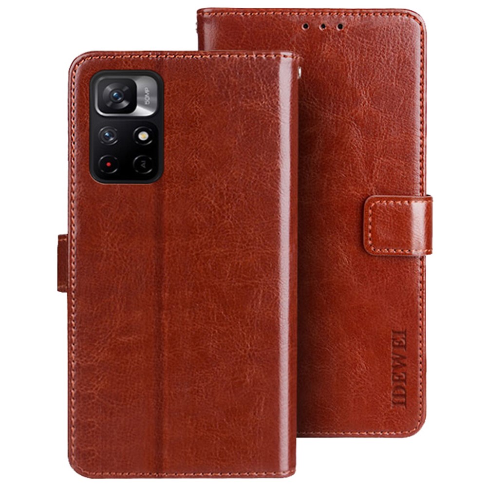 IDEWEI Anti-fingerprint Anti-scratch PU Leather and TPU Good Protection Stand Wallet Phone Cover for Xiaomi Redmi Note 11 5G / Poco M4 Pro 5G - Brown-1