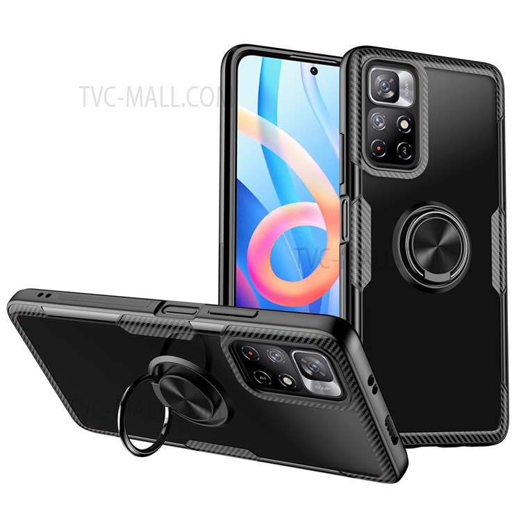 Rotating Ring Kickstand Design Clear TPU + PC + Metal Hybrid Phone Case Shell for Xiaomi Poco M4 Pro 5G/Redmi Note 11 5G - Black-1