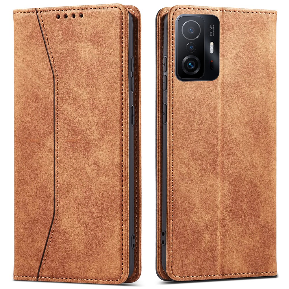 Double Edge-fold Sewing design Leather Phone Case Folio Flip Automatic Closing Cover for Xiaomi 11T/11T Pro - Brown-1
