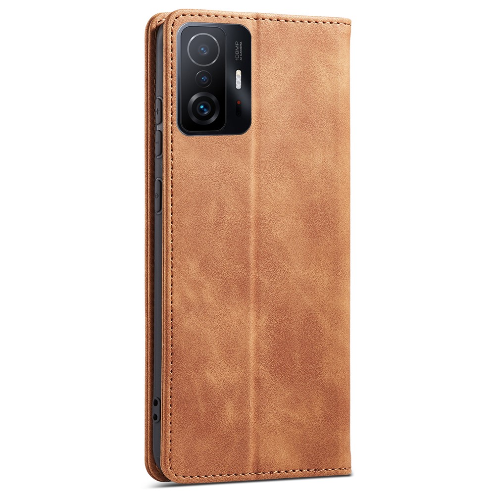 Double Edge-fold Sewing design Leather Phone Case Folio Flip Automatic Closing Cover for Xiaomi 11T/11T Pro - Brown-3