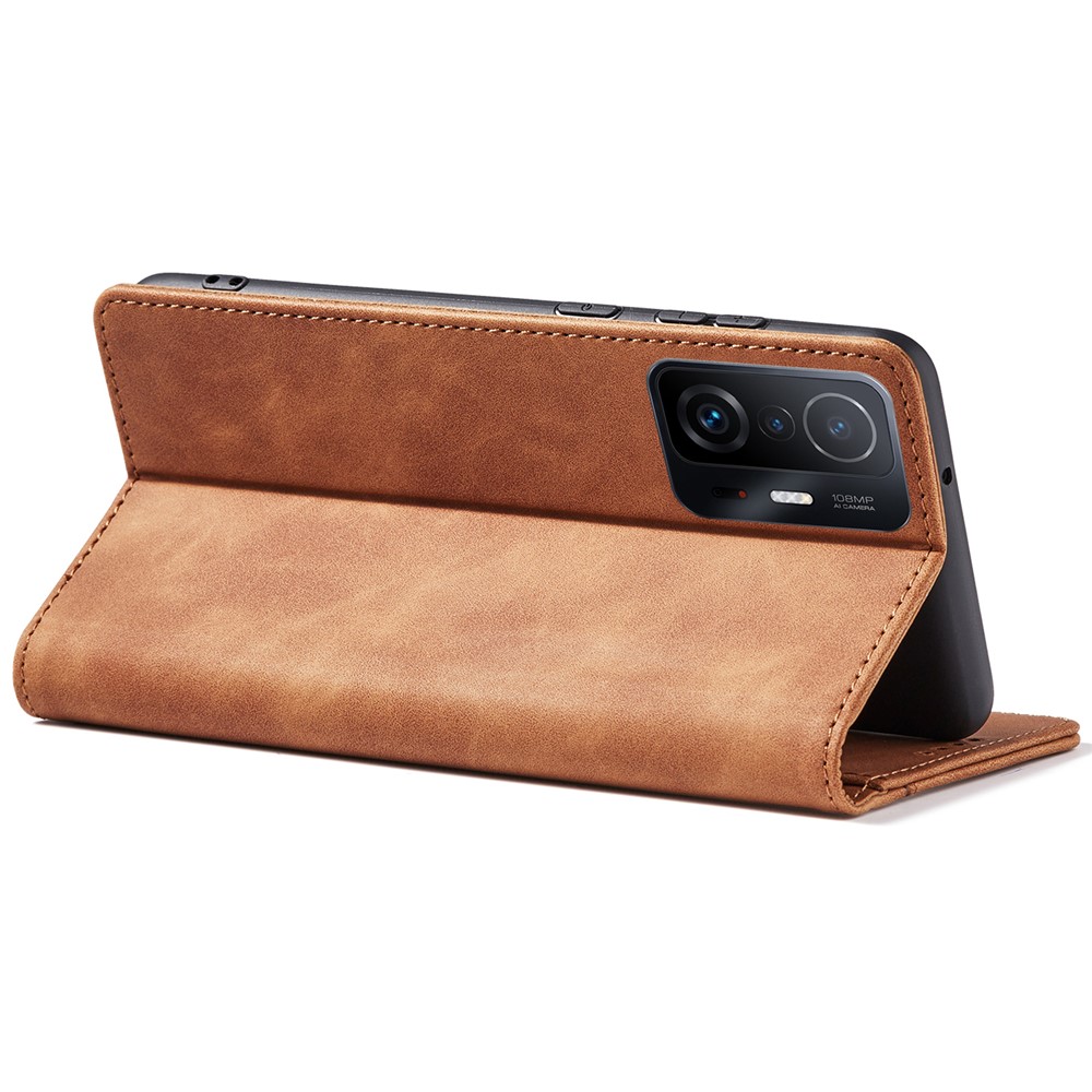 Double Edge-fold Sewing design Leather Phone Case Folio Flip Automatic Closing Cover for Xiaomi 11T/11T Pro - Brown-5