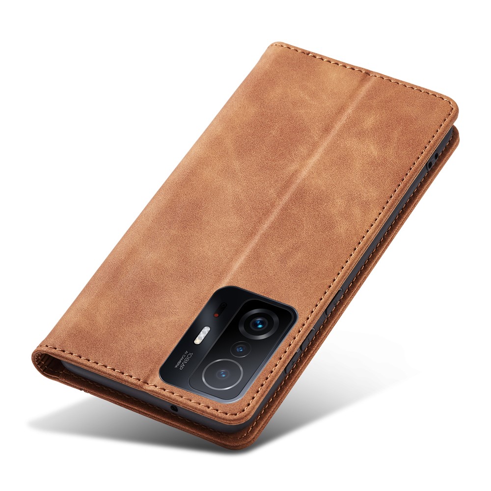 Double Edge-fold Sewing design Leather Phone Case Folio Flip Automatic Closing Cover for Xiaomi 11T/11T Pro - Brown-7