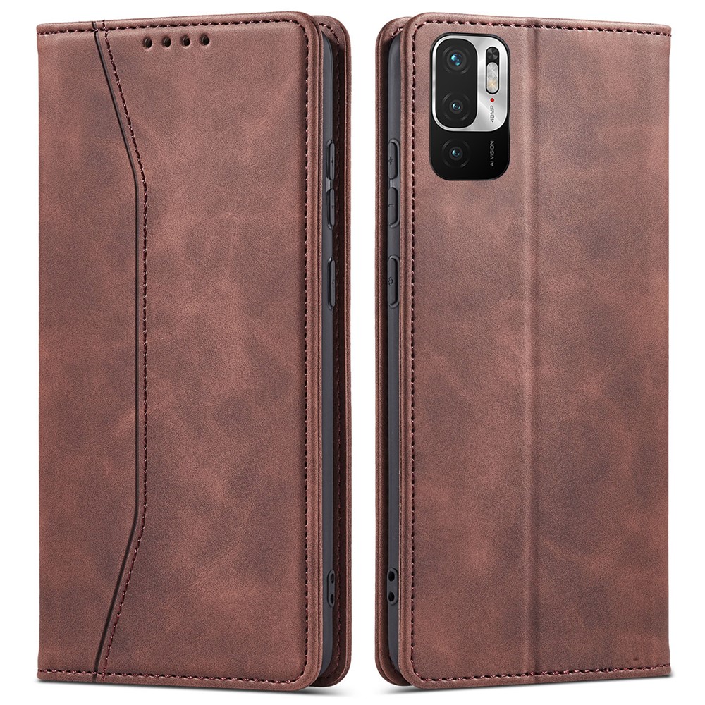 All-round Protection Double Edge-fold Sewing Design Anti-fall Automatic Closing Leather Phone Cover for Xiaomi Redmi Note 10 5G/Redmi Note 10T 5G/Poco M3 Pro 4G/5G - Coffee-1