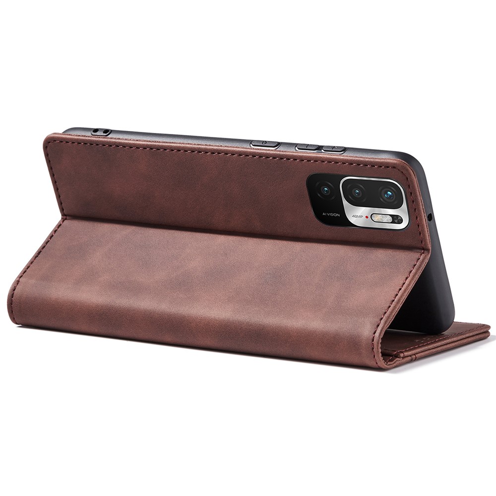 All-round Protection Double Edge-fold Sewing Design Anti-fall Automatic Closing Leather Phone Cover for Xiaomi Redmi Note 10 5G/Redmi Note 10T 5G/Poco M3 Pro 4G/5G - Coffee-5