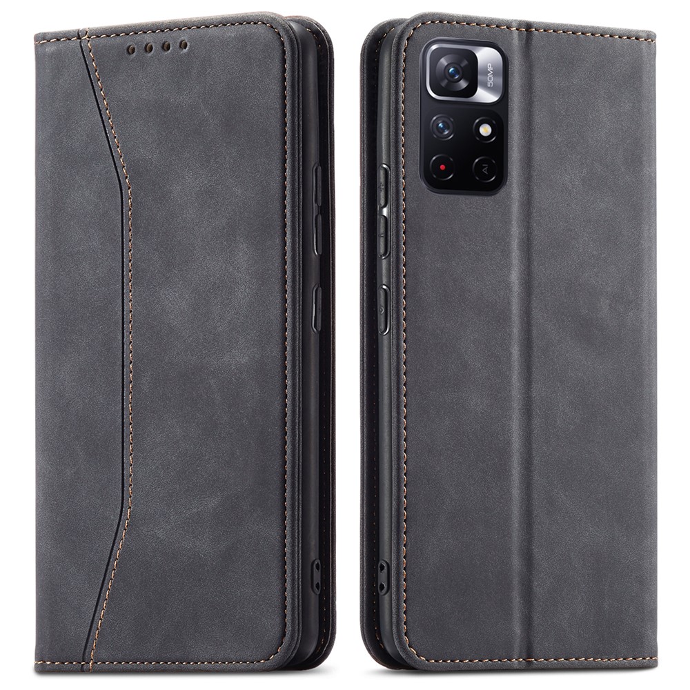 Folio Flip Double Edge-fold Sewing Design Anti-scratch Automatic Closing Leather Phone Case for Xiaomi Redmi Note 11 5G/Poco M4 Pro 5G - Black-1