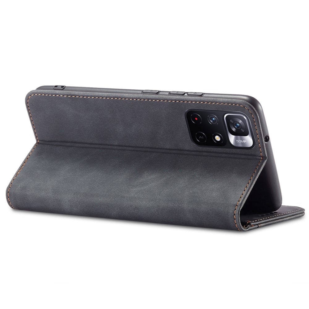 Folio Flip Double Edge-fold Sewing Design Anti-scratch Automatic Closing Leather Phone Case for Xiaomi Redmi Note 11 5G/Poco M4 Pro 5G - Black-5
