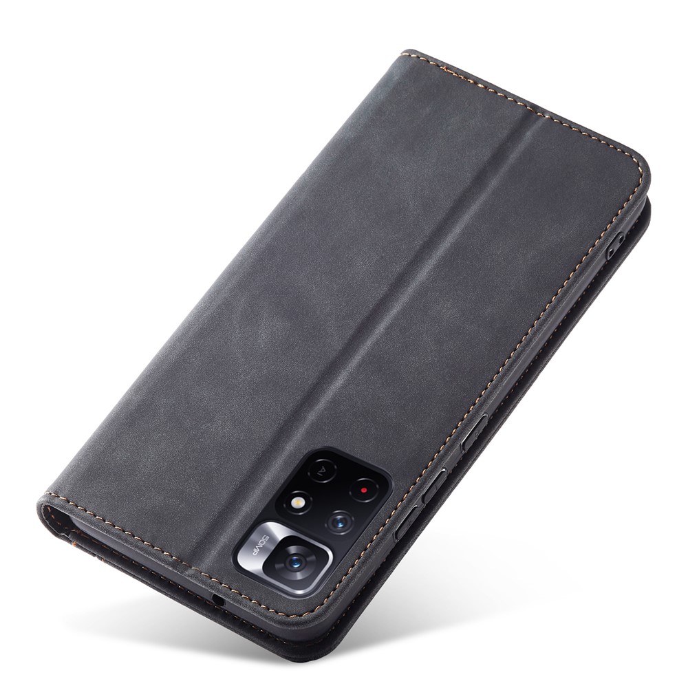 Folio Flip Double Edge-fold Sewing Design Anti-scratch Automatic Closing Leather Phone Case for Xiaomi Redmi Note 11 5G/Poco M4 Pro 5G - Black-8