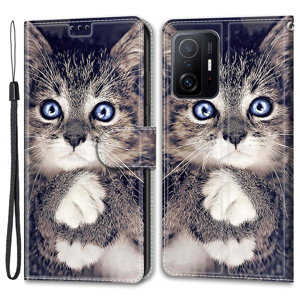 Pattern Printing PU Leather Stand Folio Cover Soft TPU Bumper Magnetic Card Slot Flip Case with Strap for Xiaomi 11T / 11T Pro - Cat-1