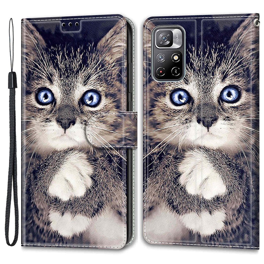 PU Leather Pattern Printing Card Slots Stand Flip Case with Wrist Strap for Xiaomi Redmi Note 11 5G / Poco M4 Pro 5G - Cat-1