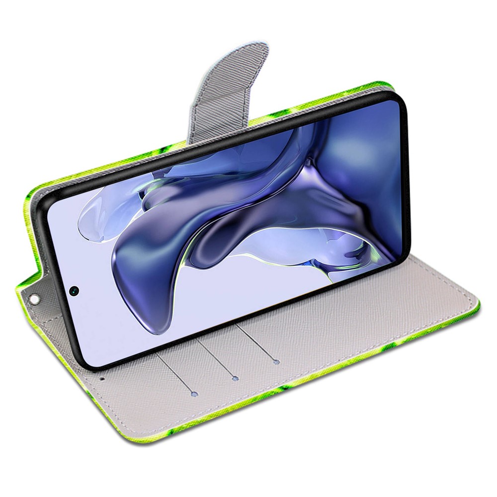 Pattern Printing Drop-proof Phone Case PU Leather + TPU Phone Cover with Stand Wallet Strap for Xiaomi 11T/11T Pro - B02 Lime-4