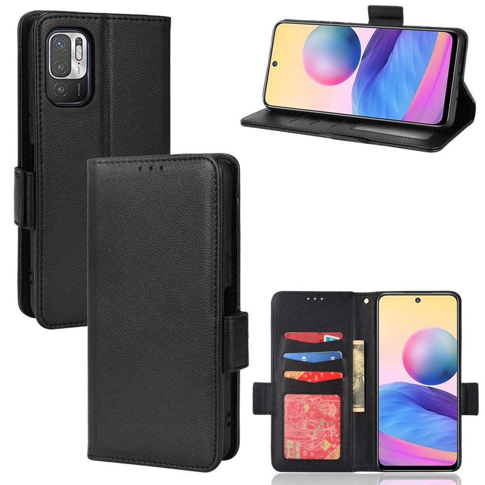 PU Peth + TPU Telefono TPU Drop-a Prova Antiscivolo Litchi Texture Stand Stand Cover Per Xiaomi Redmi Nota 10 5G/Redmi Nota 10T 5G/Poco M3 Pro 4G/5G - Nero