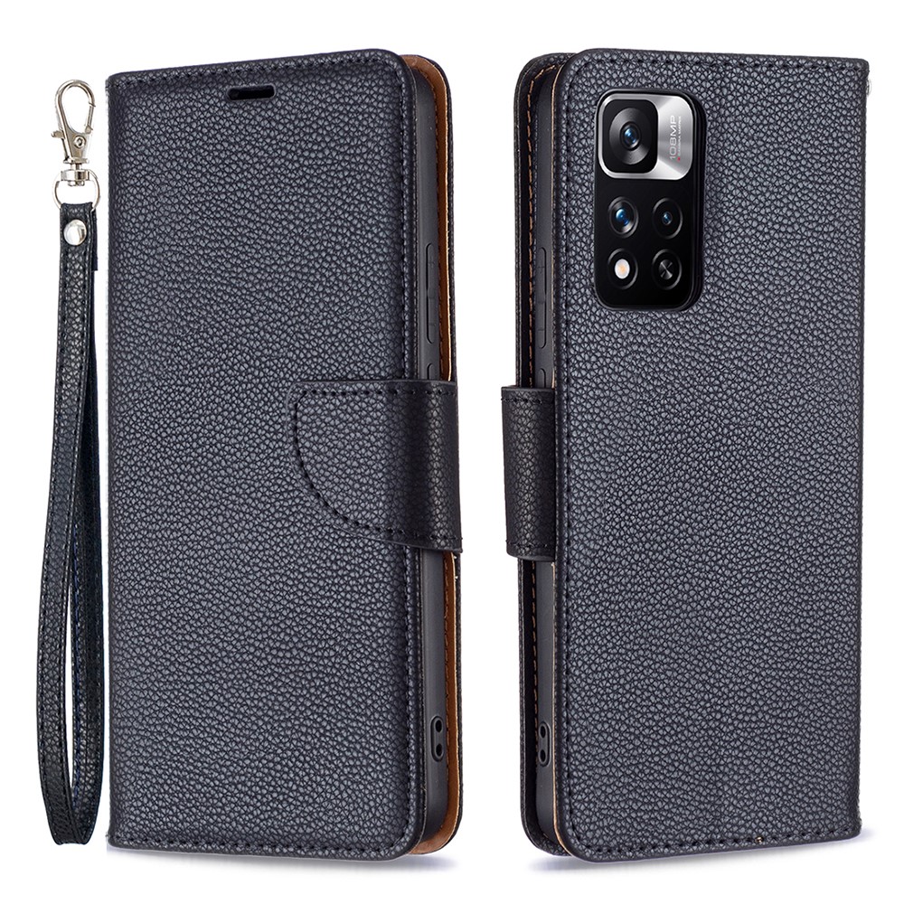 Solid Color Litchi Texture Wallet Stand Folio Flip Magnetic Closure Leather Case Cover with Handy Strap for Xiaomi Redmi Note 11 Pro/11 Pro+ - Black-1