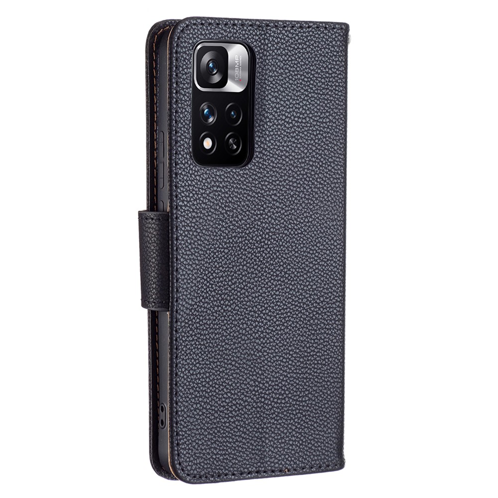 Solid Color Litchi Texture Wallet Stand Folio Flip Magnetic Closure Leather Case Cover with Handy Strap for Xiaomi Redmi Note 11 Pro/11 Pro+ - Black-3