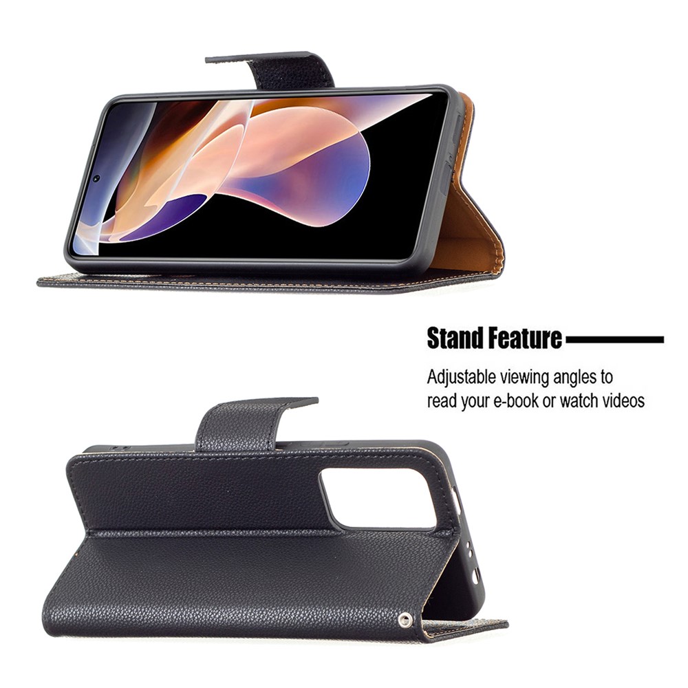 Solid Color Litchi Texture Wallet Stand Folio Flip Magnetic Closure Leather Case Cover with Handy Strap for Xiaomi Redmi Note 11 Pro/11 Pro+ - Black-4